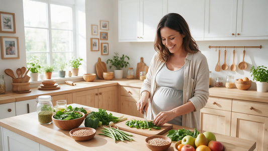 Femme enceinte préparant un repas équilibré dans une cuisine lumineuse
