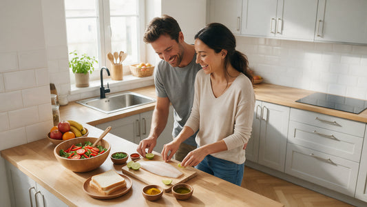 Couple souriant préparant un repas sain ensemble, ambiance chaleureuse et complice